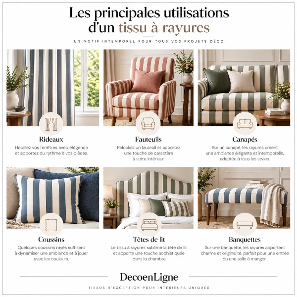 Infographie présentant les principales utilisations d'un tissu à rayures en décoration intérieure : rideaux, fauteuils, canapés, coussins, têtes de lit et banquettes.